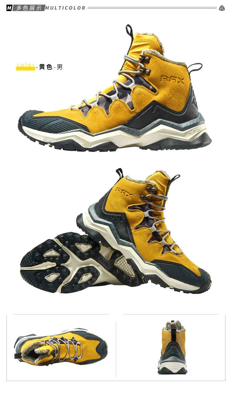 RAX Hiking Boots Men Waterproof Winter Snow Boots Fur lining Lightweight Trekking Shoes Warm Outdoor Sneakers Mountain Boots Men