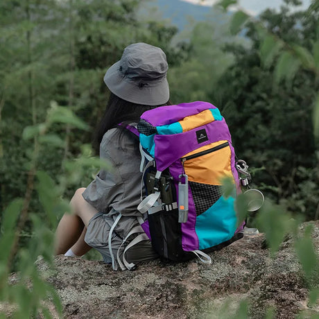 Lightweight outdoor camping hiking backpack 27L purple and yellow design