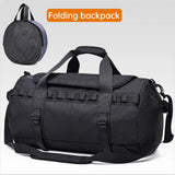 Portable folding backpack shown packed into compact round pouch