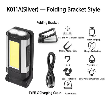 2026 New Magnetic COB Work Light USB Rechargeable LED Flashlight Portable Lantern Camping Light Type-C Power Bank Function Lamps