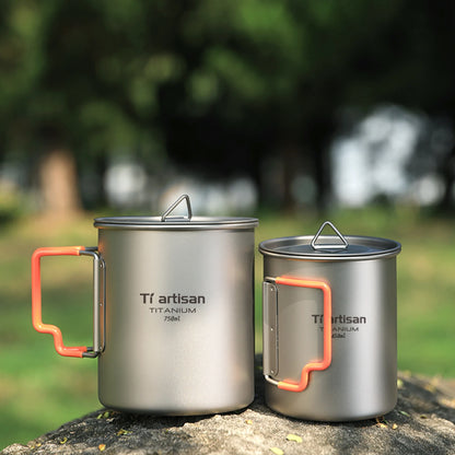 Tiartisan Outdoor Camping Pure Titanium Mug with Collapsible Handle Ultralight Portable Tea Cup Coffee Mug Drinkware