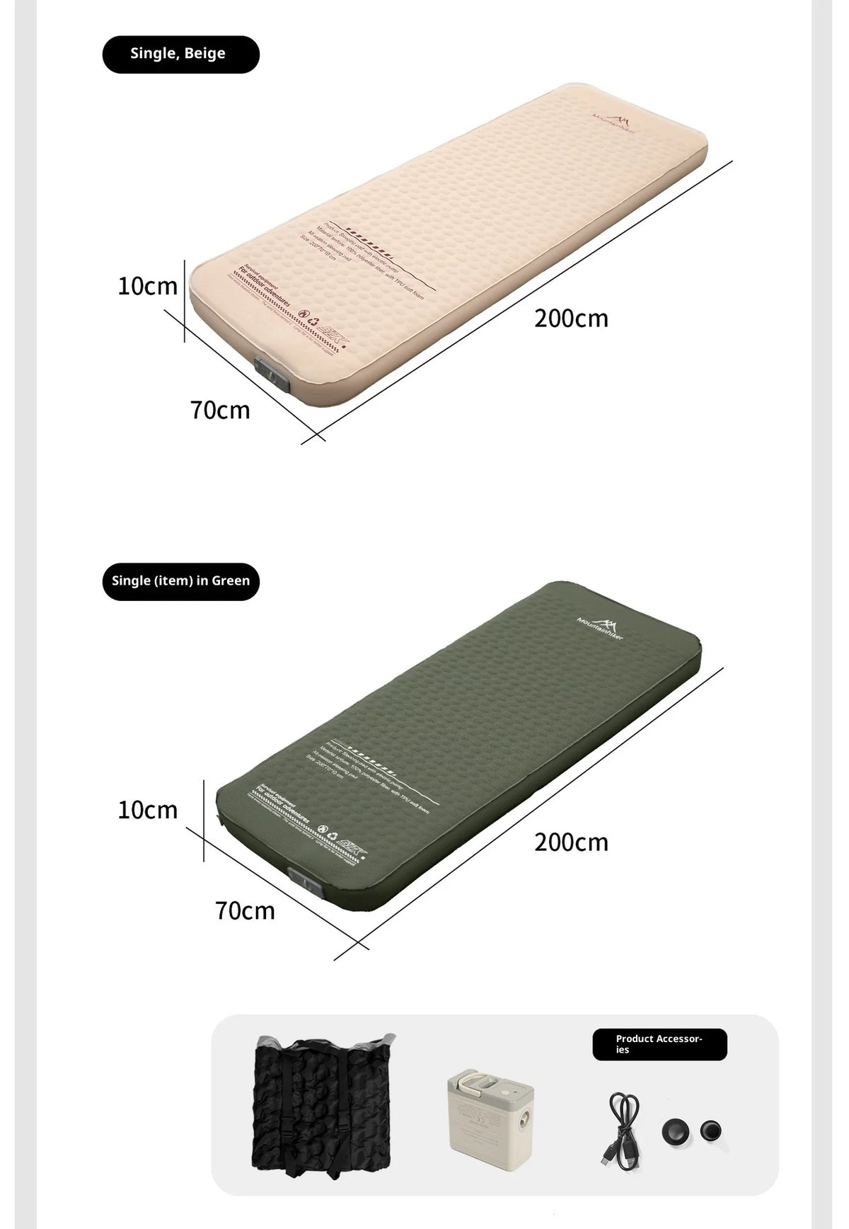 MOUNTAINHIKER Single Double Person Self-inflating Mattress Thick 10cm Compact Folding Camping Sleeping Bed Pad Air Mat Floor