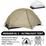 2 - Person Ultralight Backpacking Tent: Mongar UL 2 with 20D Waterproof Fabric,Ideal for Hiking,Survival,and Camping Adventures