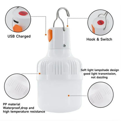 1PC USB Rechargeable 60W LED Camping Light Bulb Hanging Hook Emergency Lantern Portable Tent Lamp Outdoor Camping Night Market