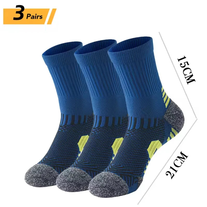 3 Pairs Men's Athetic Socks Sports Breathable Outdoor Running Compression Socks Traning Long Black White  BLUE Stretch Socks