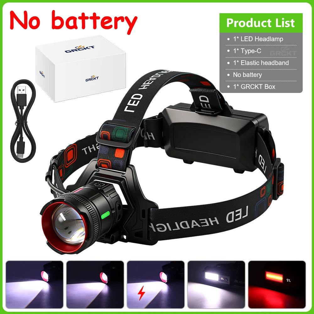 300000LM High Power LED Outdoor Headlamp Portable Rechargeable Waterproof Motion Sensor Telescopic Zoom Work Lamp Camping Hiking