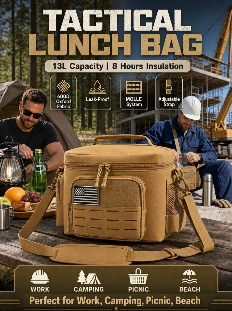 13L Tactical Thermal Cooler Lunch Bag Leakproof Insulated Durable Meal Storage Bag For Men Office Work Daily Commute Camping Picnic Fishing Outdoor Portable Insulated Food Carrier Bag