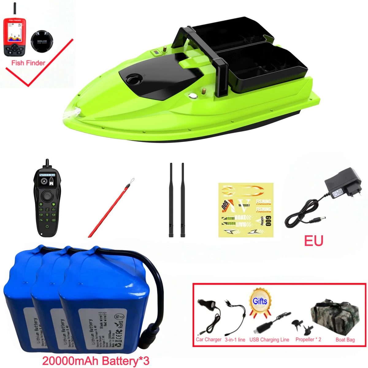 Sonar Bait Boat with Color Fish Finder Screen & Dual Hopper