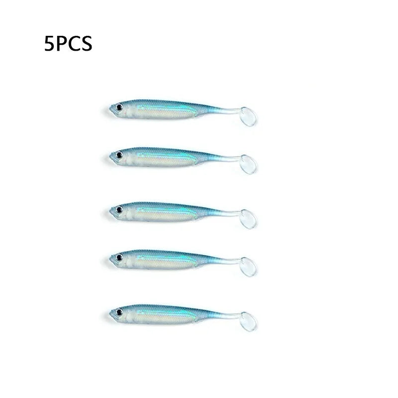 5Pcs opp 7cm 2.2g Jighead Worms T Tail fish Fishing Lures Rainbow Color  Fishing Bait Long-Range Freshwater and Saltwater Lure