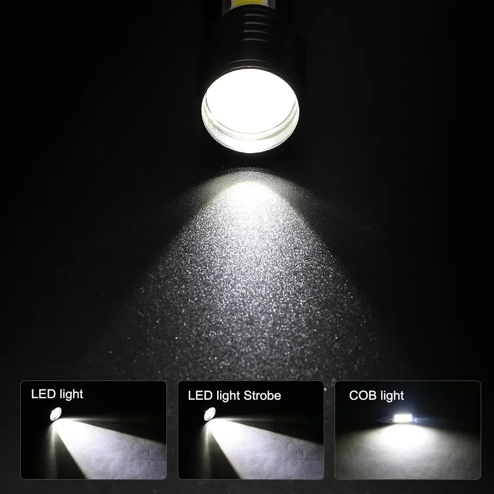 Mini LED Flashlight COB+XPE Portable Torch USB Charging Camping Lantern Zoomable Focus Light Tactical Flashlight with Pen Clip