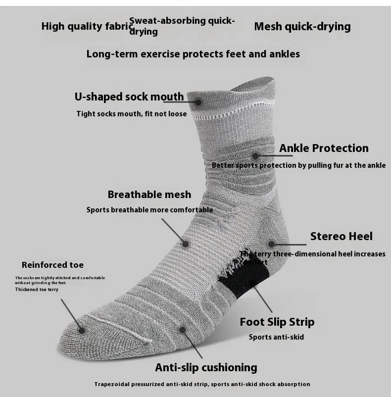 Men's Mid Tube Sports Socks, Badminton Running, Outdoor Socks, Woolen Socks, Sweat Absorbing and Anti Slip Basketball Socks