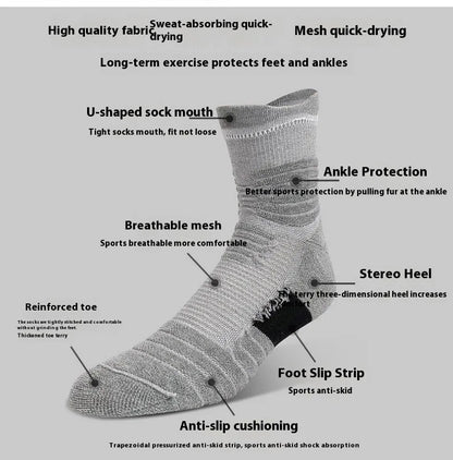 Men's Mid Tube Sports Socks, Badminton Running, Outdoor Socks, Woolen Socks, Sweat Absorbing and Anti Slip Basketball Socks