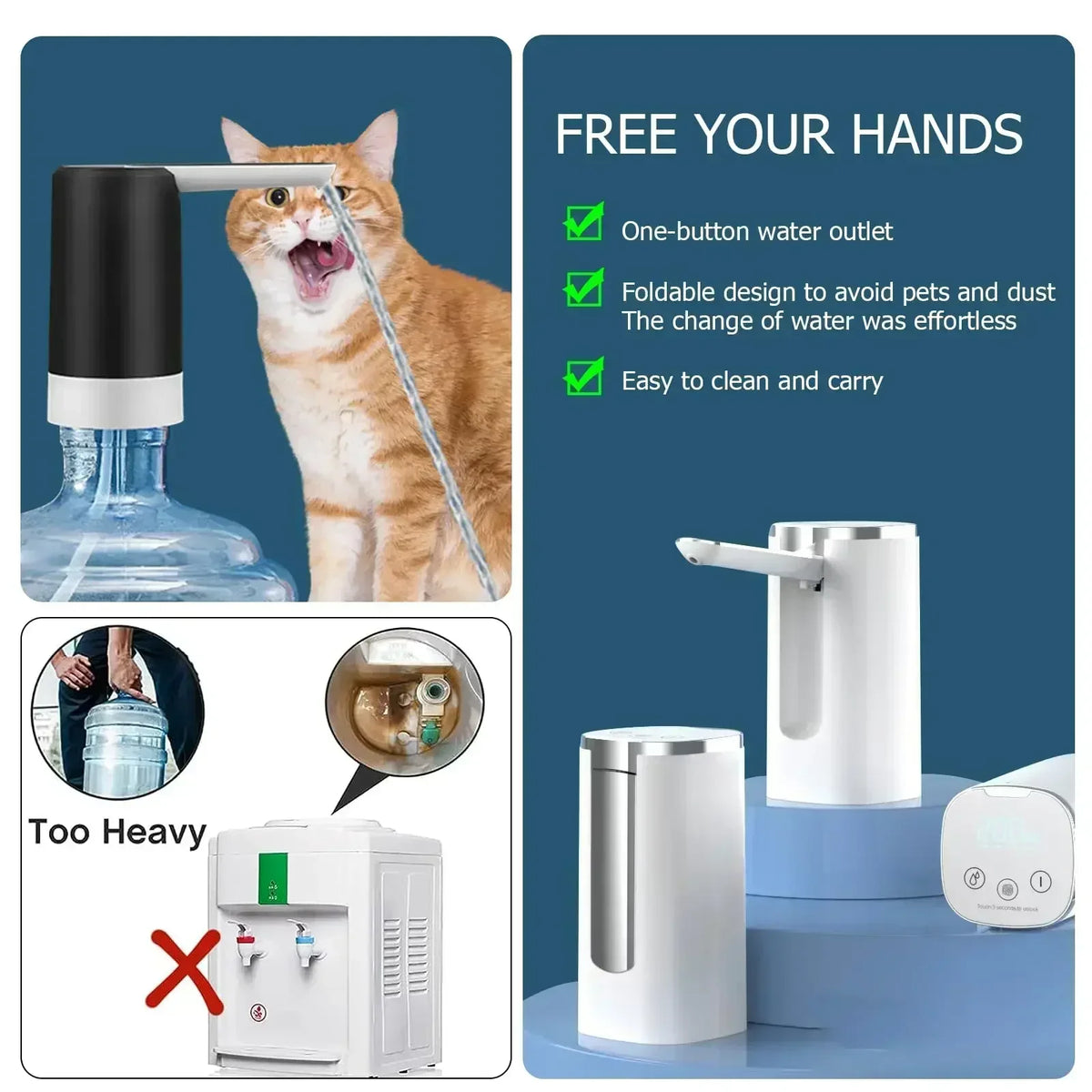 LED Display Water Bottle Pump Foldable Electric 1200mah Type C Rechargeable Automatic Stop Touch Button 3 Quantitative Settings