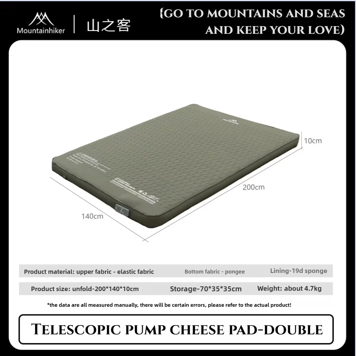 MOUNTAINHIKER Single Double Person Self-inflating Mattress Thick 10cm Compact Folding Camping Sleeping Bed Pad Air Mat Floor