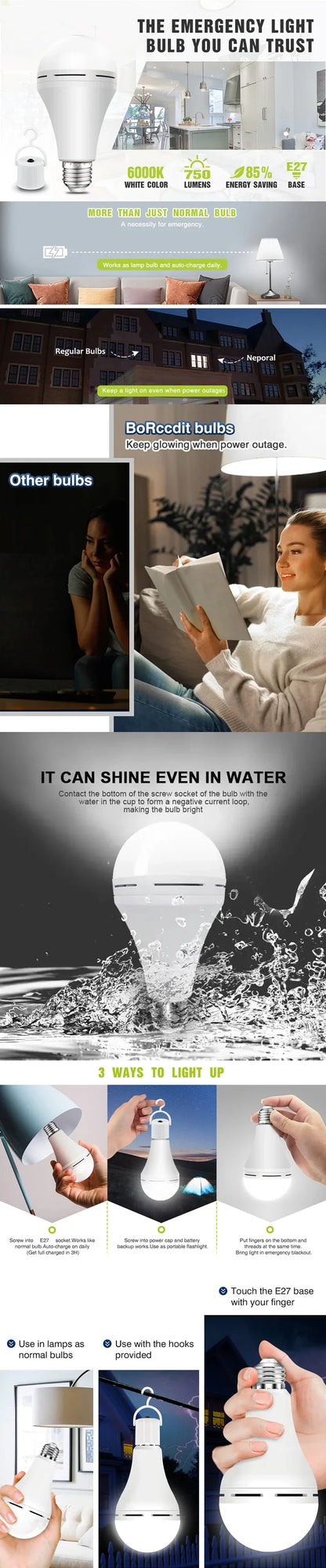 7-15W Rechargeable Bulb LED Outdoor Waterproof Emergency Light Portable Hanging Night Light Adjustable Camping Fishing Garden