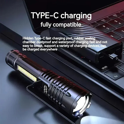 High Power LED Flashlights With Display Screen Zoom Tactical Torch Portable Rechargeable Lamp with Emergency Side Light Lantern
