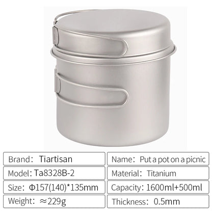 Tiartisan Titanium Folding Handle Camping Pot Frying Pan Set  Lightweight Portable Cookware Equipment For Outdoor Hiking Picnic