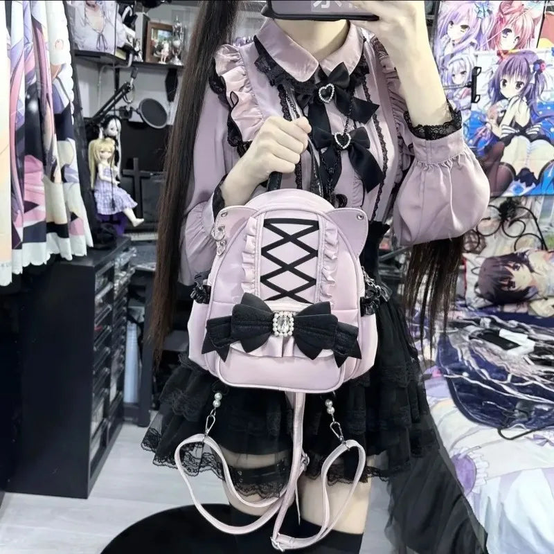 Women Backpack Korean Fashion Y2k Punk Backpack Lace Bow Cat Ear Lotus Lace Decoration Lolita Backbag PU Leather Large Capacity