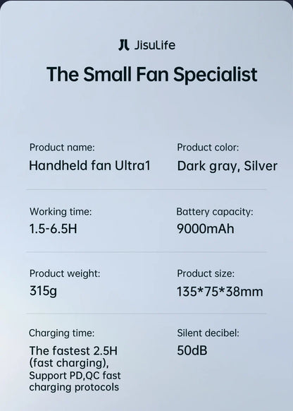 JISULIFE Portable Turbo Handheld Fan, 100 Winds Speeds Adjustable, 9000 mAh Rechargeable Battery, LED Display, Outdoor Camping