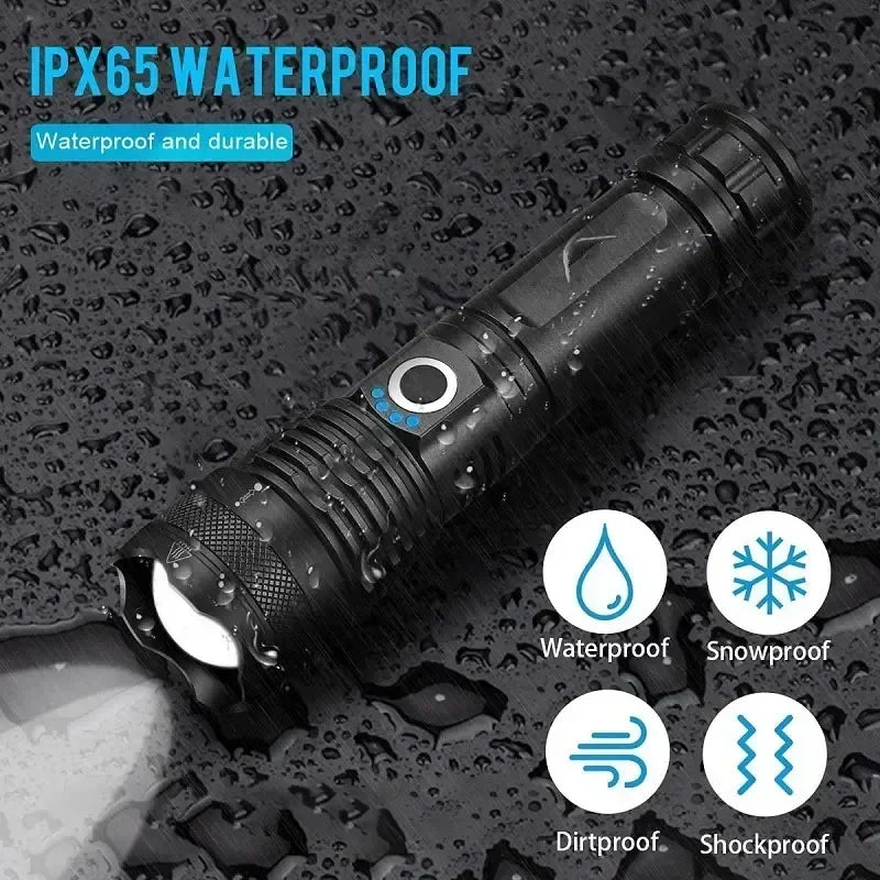 Rechargeable Led High Power Tactical Flashlight Aluminum Alloy Telescopic ZoomTorch Lamp for Outdoor Night Camping Fishing