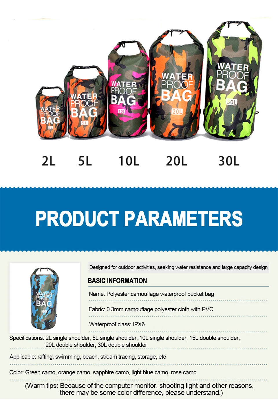 Dry Bag Waterproof for Women Men,2/5/10/15/20/30L Outdoor Sports Bag for Swimming Boating Kayaking Rafting River Trekking