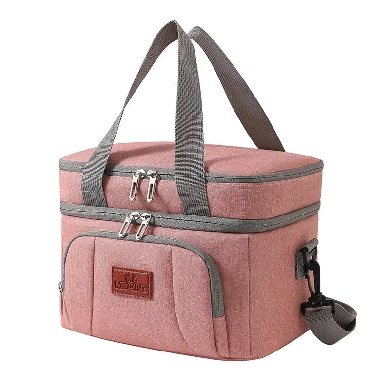 Insulated Double-Layer Tote Cooler Bag - Large Capacity Lunch Box Women/Men, Leakproof Picnic & School Bag with Adjustable Strap
