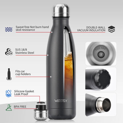 WATERSY 500ml Stainless Steel Water Bottle Insulated Vacuum Flask Double Wall Thermal Cup Keep Cold Hot Sports Kettle