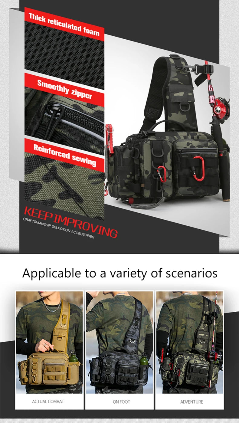 Fishing Tackle Sling Backpack with Rod Holder