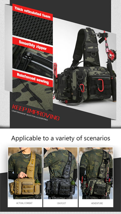 Fishing Tackle Sling Backpack with Rod Holder