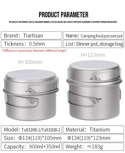 Tiartisan Titanium Folding Handle Camping Pot Frying Pan Set  Lightweight Portable Cookware Equipment For Outdoor Hiking Picnic