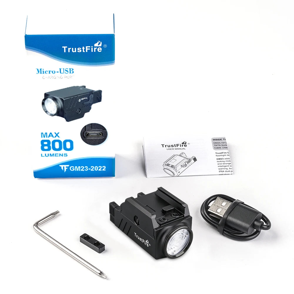 Trustfire GM23 Tactical LED Flashlights Mini Pistol Lights 800 Lumens USB Rechargeable Quick Release Handgun 1913/GL Rail