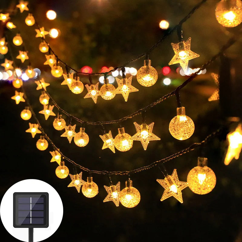 Solar LED String Lights Outdoor Camping Decor Crystal Ball and Stars String Lights 8 Modes Solar Lamp for Halloween Christmas