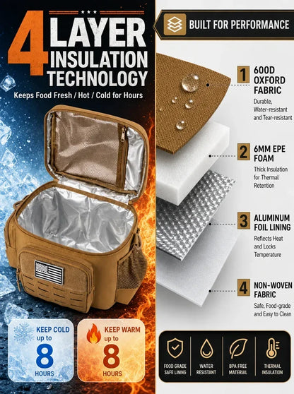 13L Tactical Thermal Cooler Lunch Bag Leakproof Insulated Durable Meal Storage Bag For Men Office Work Daily Commute Camping Picnic Fishing Outdoor Portable Insulated Food Carrier Bag