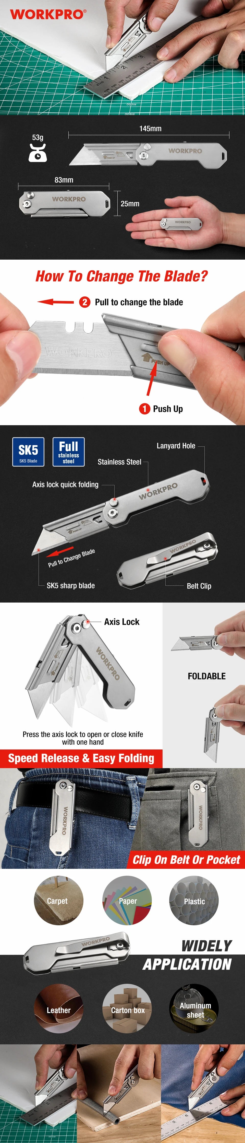 WORKPRO-Folding Pocket Utility Knife, Stainless Steel, Quick Change, Paper Cutter, Camping, Tourist DIY Hand Tools