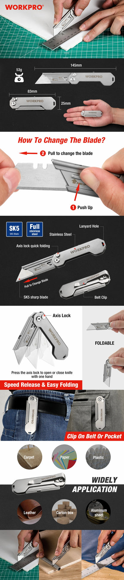 WORKPRO-Folding Pocket Utility Knife, Stainless Steel, Quick Change, Paper Cutter, Camping, Tourist DIY Hand Tools