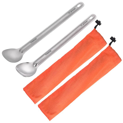 Tiartisan Pure Titanium Cutlery Ultralight Long Handle Spoon Spork Outdoor Camping Portable 2pcs Tableware Set With Storage Bag