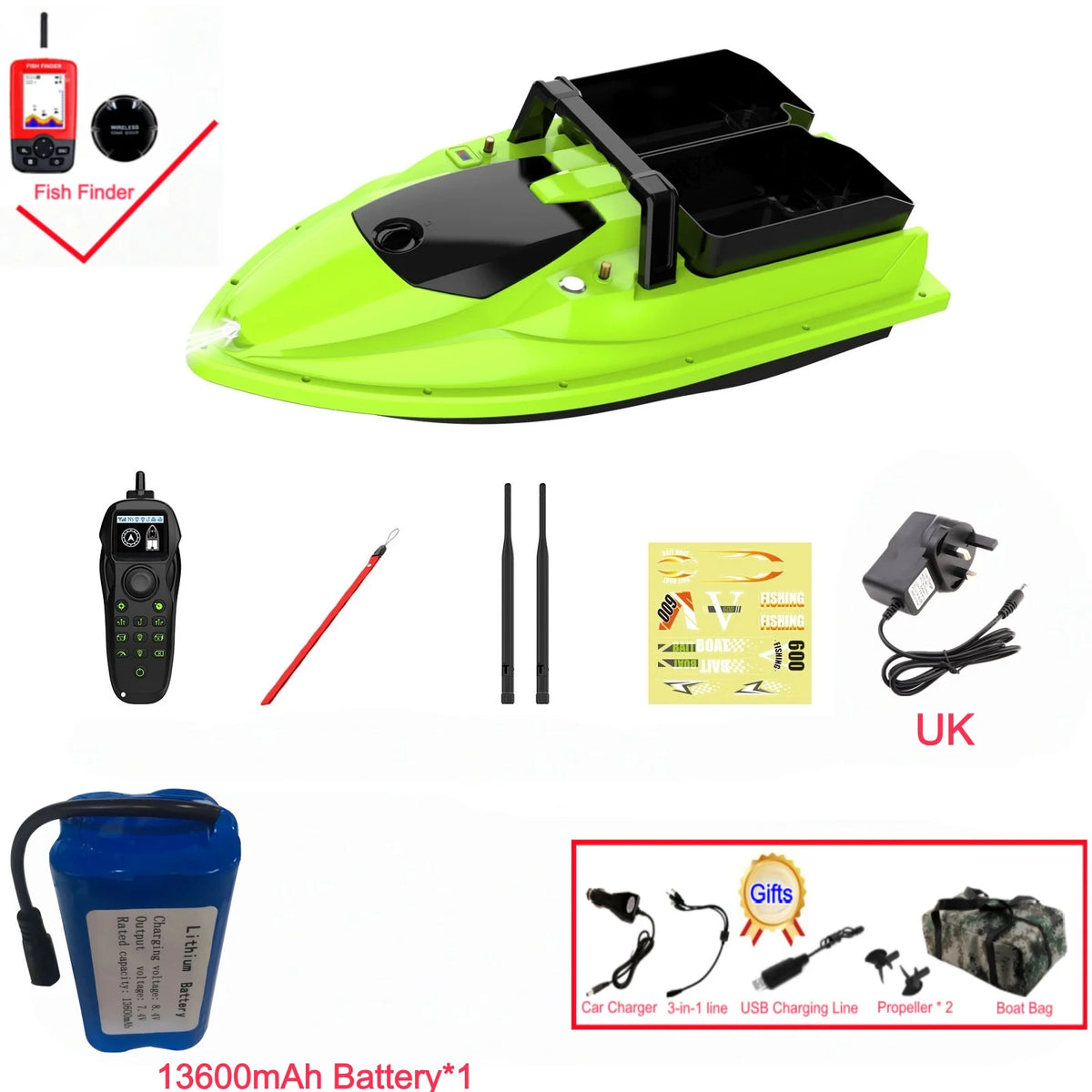 Sonar Bait Boat with Color Fish Finder Screen & Dual Hopper