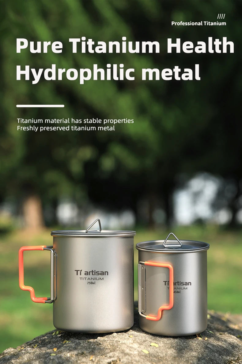 Tiartisan Outdoor Camping Pure Titanium Mug with Collapsible Handle Ultralight Portable Tea Cup Coffee Mug Drinkware