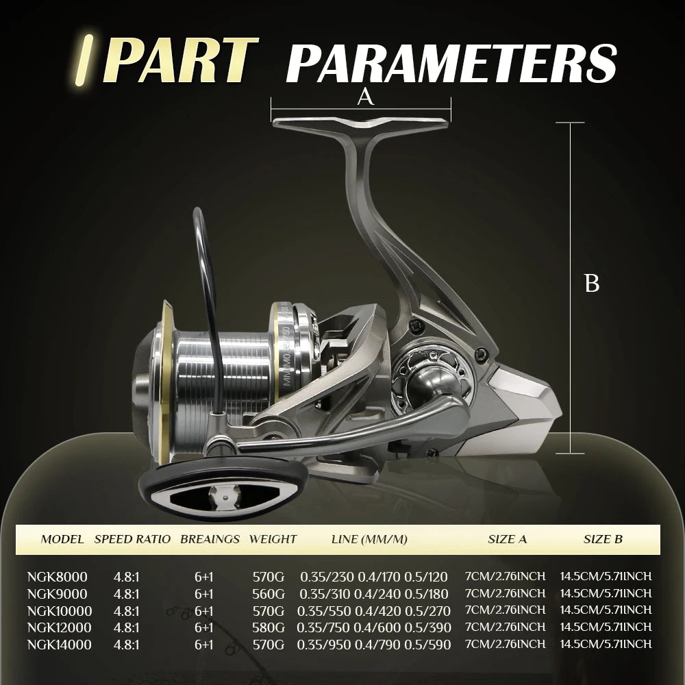 NGK Stainless Steel Bearing Spinning Fishing Reel 8000 9000 10000 12000 14000 25KG Powerful Reel Saltwater Fresh Water Drag