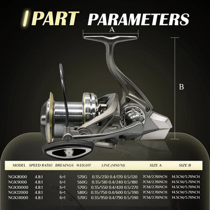 NGK Stainless Steel Bearing Spinning Fishing Reel 8000 9000 10000 12000 14000 25KG Powerful Reel Saltwater Fresh Water Drag