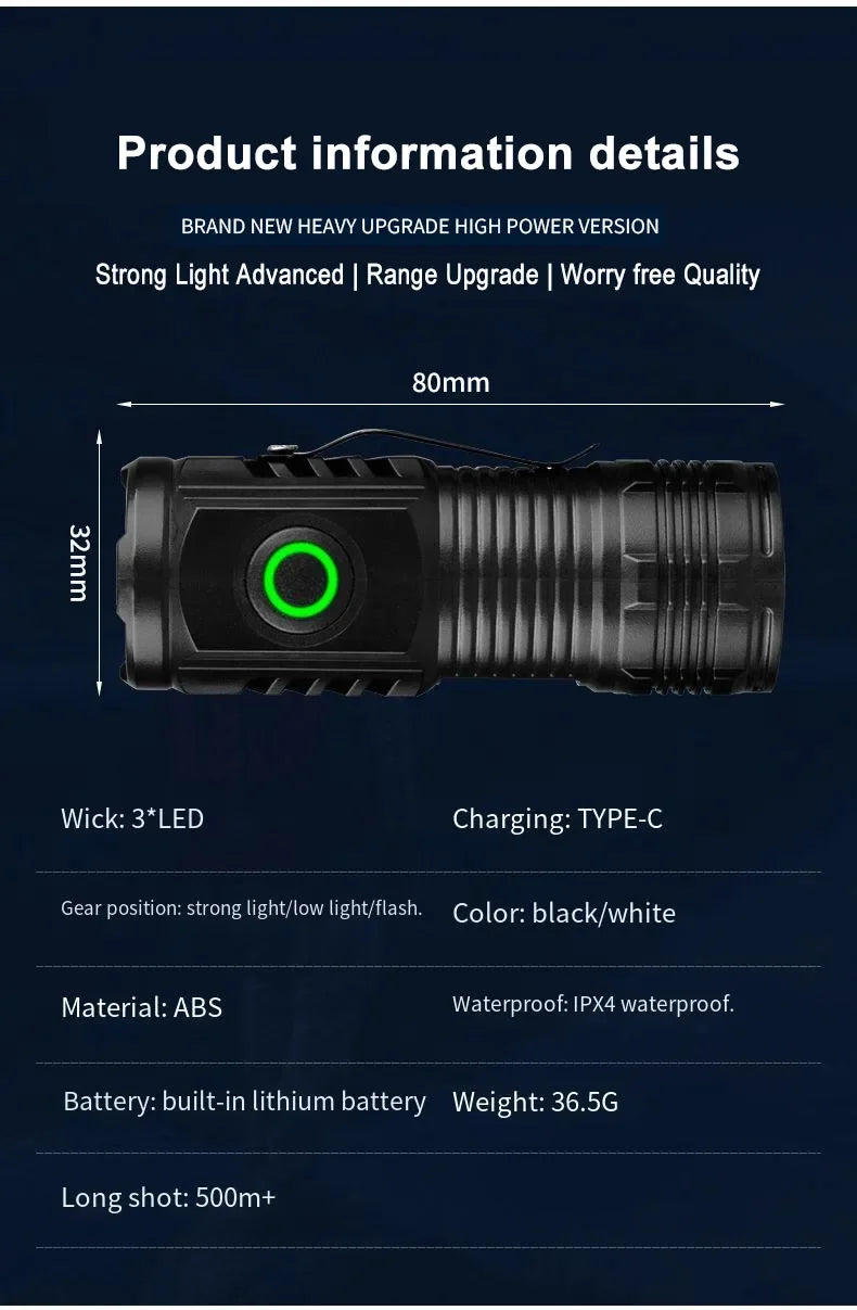 Rechargeable Outdoor Flashlight Portable Strong Light Waterproof Torch for Camping Walking Portable EDC Lighting Lamp