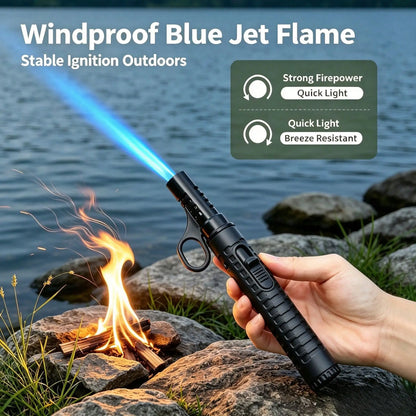 Matte Black Tactical Outdoor Survival Fire Starter, Adjustable Flame Refillable Butane Gadget, Pocket Backpack Friendly Camping Accessory Set Perfect Gift For Outdoor Enthusiasts,Windproof Lighter Gift Lighter