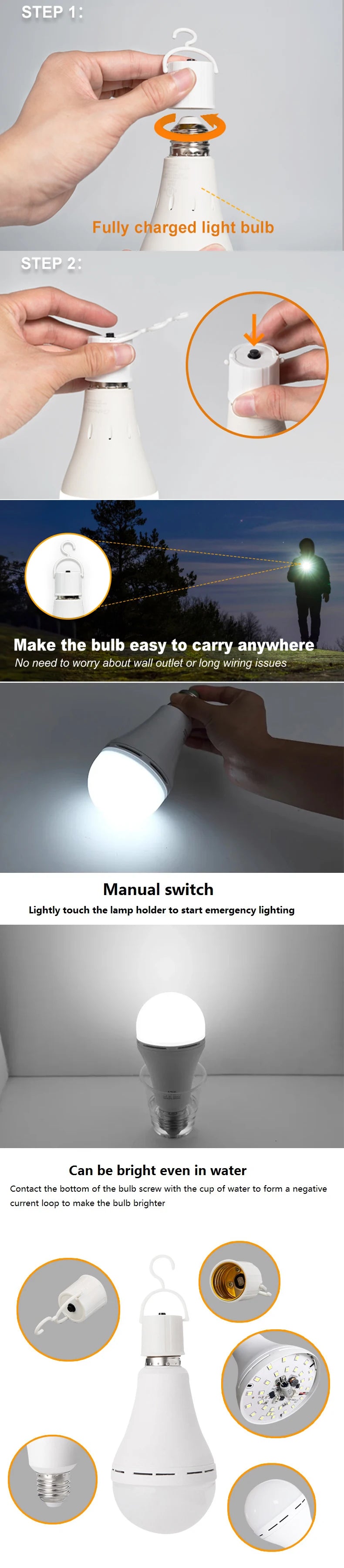 7-15W Rechargeable Bulb LED Outdoor Waterproof Emergency Light Portable Hanging Night Light Adjustable Camping Fishing Garden