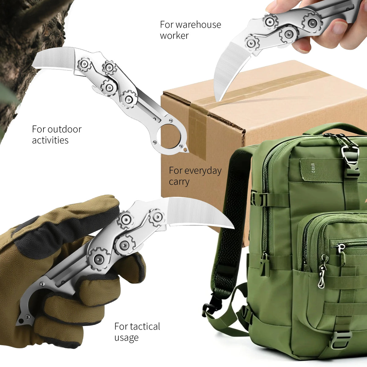 Mechanical Folding knife Multifunction Portable Pocket Knife All-steel Claw Folding Knife with Finger Ring,  EDC Utility Knife for Outdoor Camping, Survival