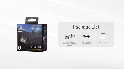 NITECORE NU25 MCT UL 400Lumens USB-C Rechargeable Headlamp Built-in 650mAh Battery for outdoor activities Lighting