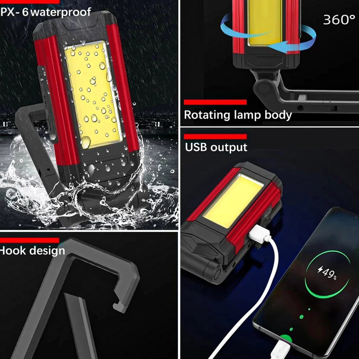 1/2/4PCS Magnetic COB Work Light USB Rechargeable LED Flashlight Portable Lantern Camping Light Type-C Power Bank Function Lamp