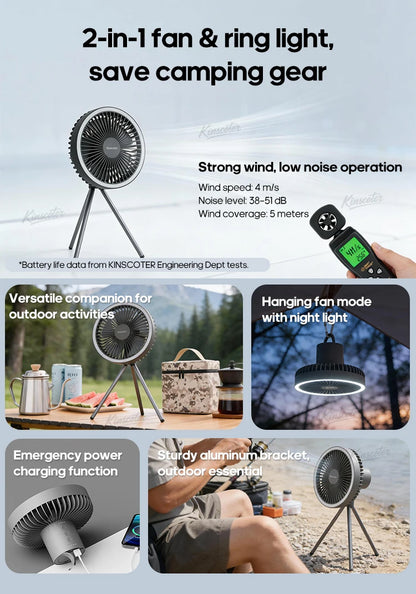 10000mAh 4000mAh Camping Fan Rechargeable Desktop Portable Circulator Wireless Ceiling Electric Fan with Power Bank LED Lighting