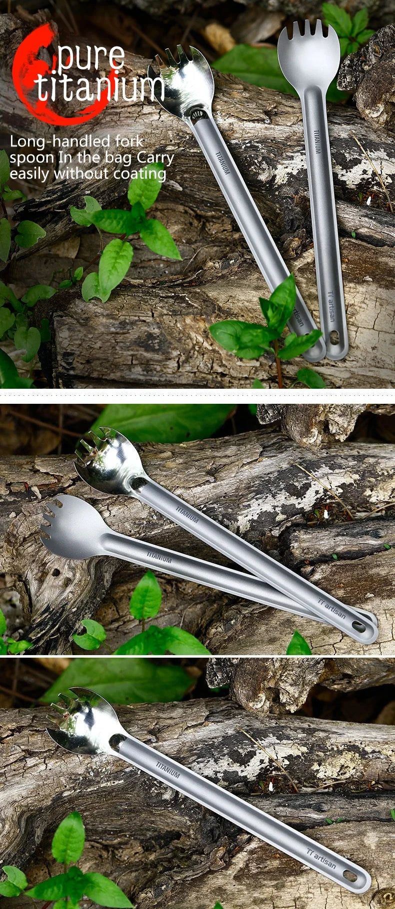 Tiartisan Pure Titanium Cutlery Ultralight Long Handle Spoon Spork Outdoor Camping Portable 2pcs Tableware Set With Storage Bag