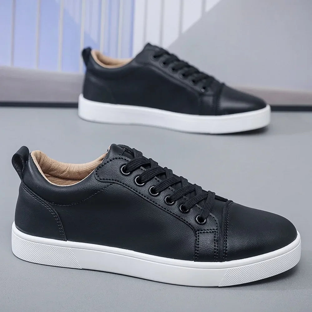 Men’s Minimalist Leather Casual Sneakers – All-Season Board Shoes with Non-Slip Sole