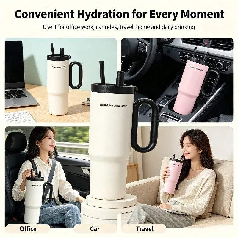 720ML Stainless Steel Thermos Cup with Straw & Handle Ice Coffee Drink Vacuum Insulated Cup Car Travel Outdoor Water Bottle